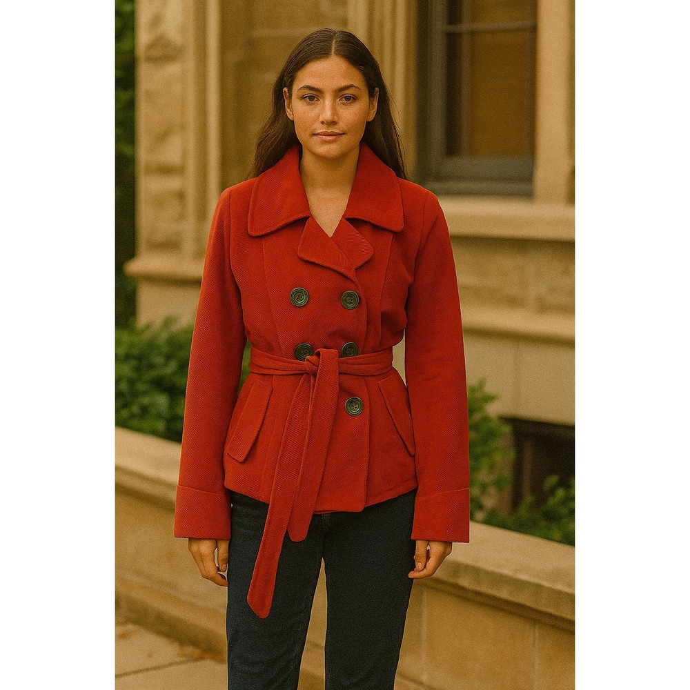 Paris Blues Women's Red Double Breasted Belted‎ Wool Blend Peacoat Jacket Size L